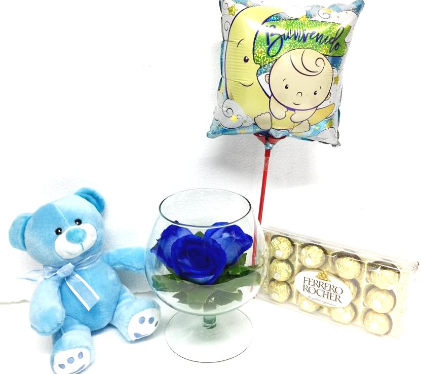 Copa con 3 Rosas Azules, Peluche 19cm, Bombones Ferrero Rocher 150grs y Globito